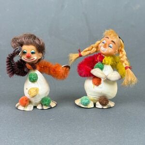 Shell Chenille Pipe Cleaner Clown Figurines Pair 3.5" Vintage Seashell Art